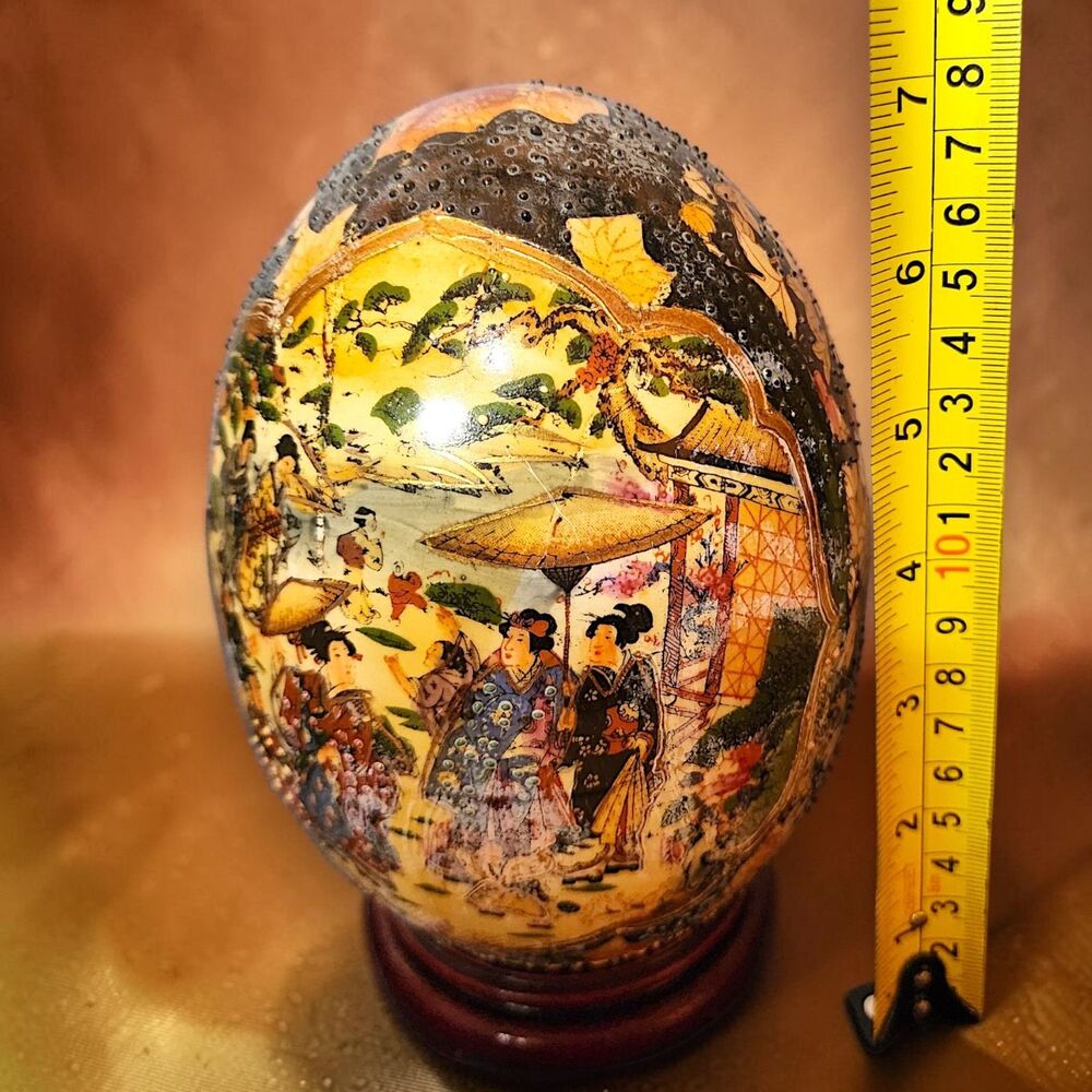 Vintage Satsuma Moriage Porcelain Egg Geisha Hand Painted 7.5" Wood Stand